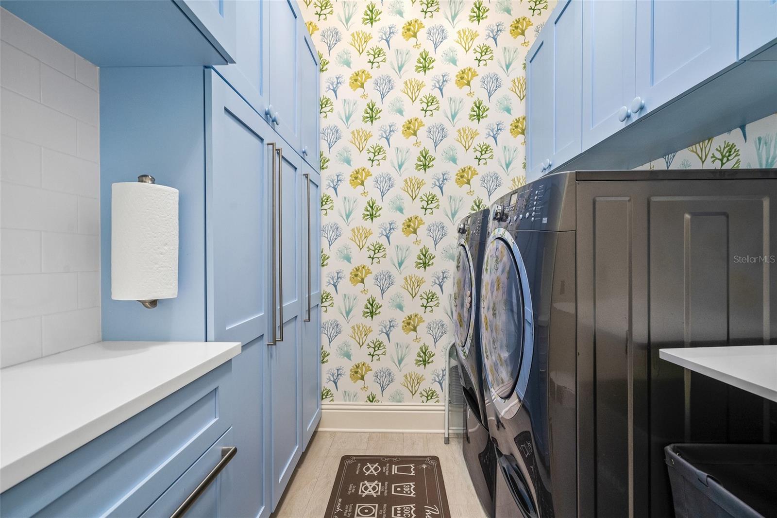 Laundry Suite (1st Floor). Electrolux Washer and Dryer with pedestal storage. Plenty of storge and folding area. Bonus room storage nearby.
