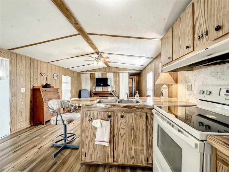 Kitchen with view into the living room