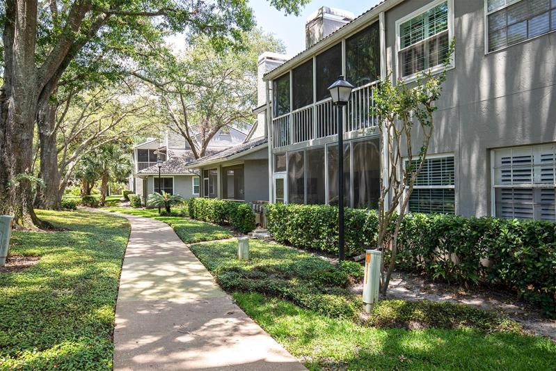 Lush foliage lines the private sidewalks' around the property. Picturesque views from your bonus space and master bedroom