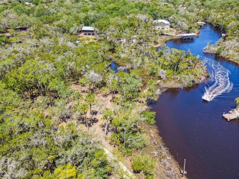 Aerial View of Lot, Boat on Mason Creek