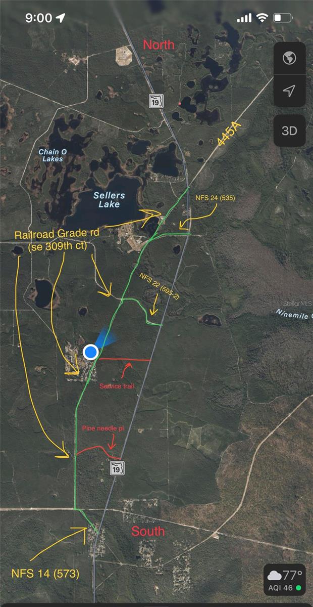 Some map applications may route you differently. The 4 approved methods to access the property are outlined on the map. Certain maps show different names for roads I’ve included some known alternatives below. The property can be accessed with no issues with any of the green marked roads, do not go down the 2 red marked roads, 4 wheel drive is needed  for one of those and the other is very tight and may scratch vehicle paint. ( pine needle dr & small 1 lane sugar road w/ 1 powerline above)Alternate road namesNFS 14 (FSR 573) NFS 22 (FSR 585-2) Railroad grade (SE 309th CT) NFS 24 (FSR 535)