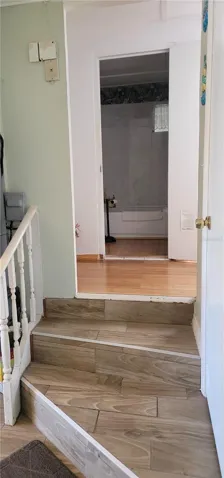 Stairs leading  down to the Florida Room which leads out to the porch. This area also has built in cabints/closet that could also be used as an additional bedroom.