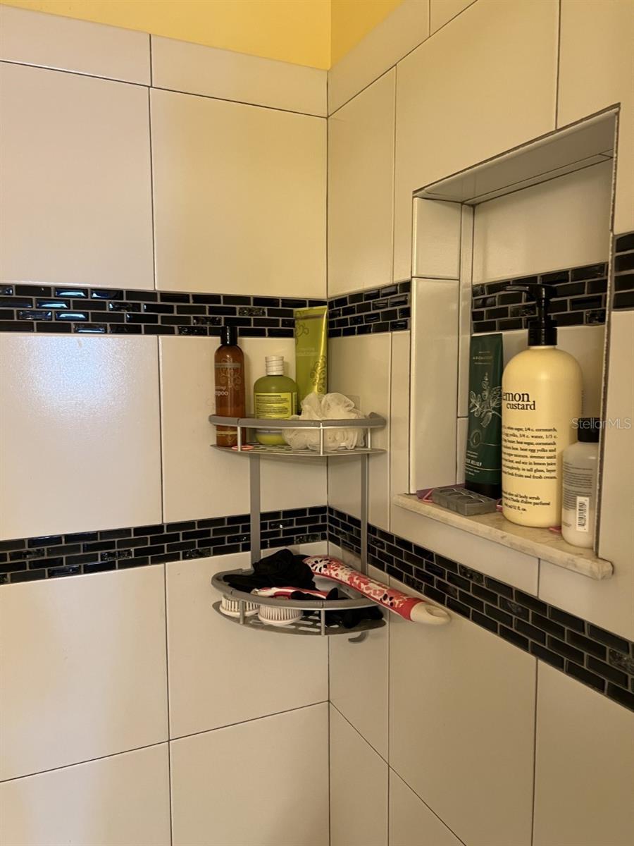 Close up of new tiled shower in the master bath.