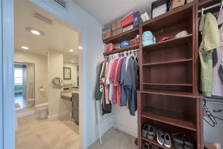 Walk-in closet with organizer.
