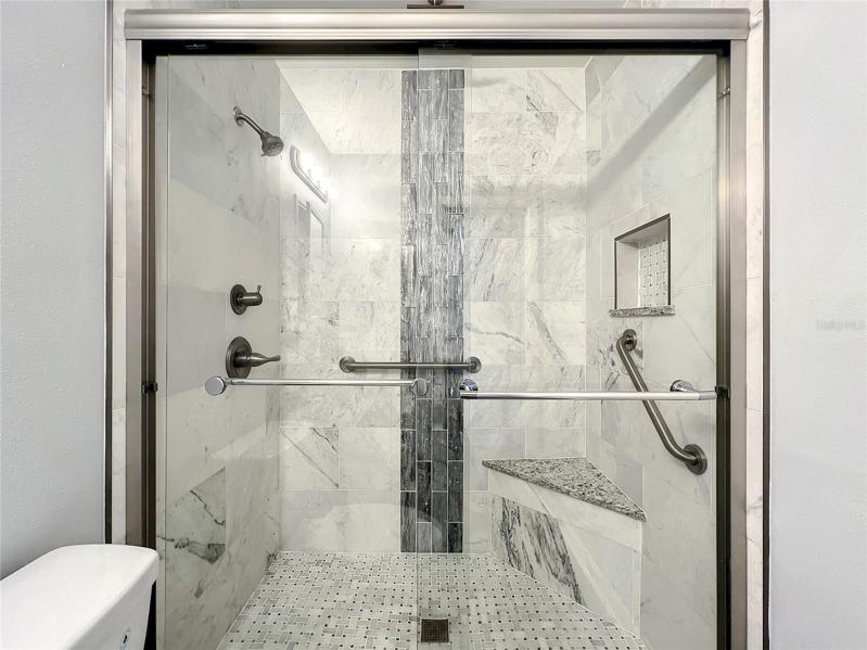 step in shower with grab bars & seat