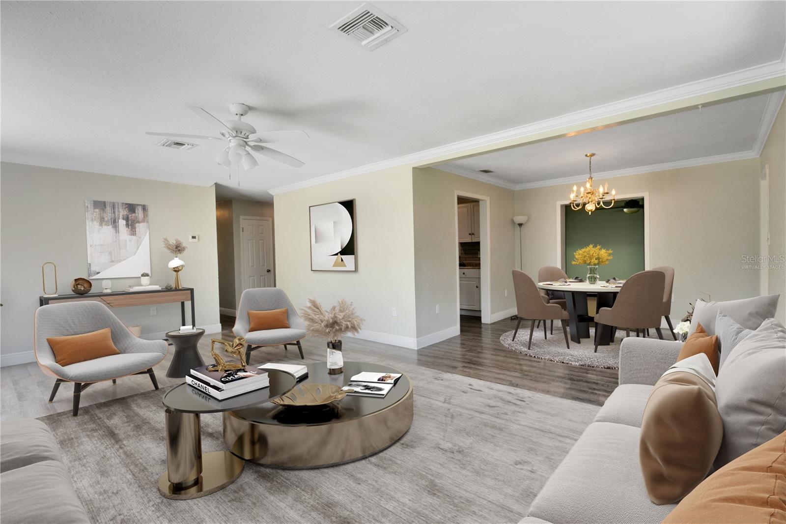 This photo is virtually staged. View from living room into dining area.