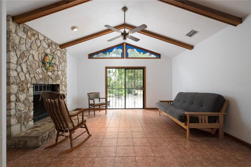 Vaulted Ceiling with stone fireplace
