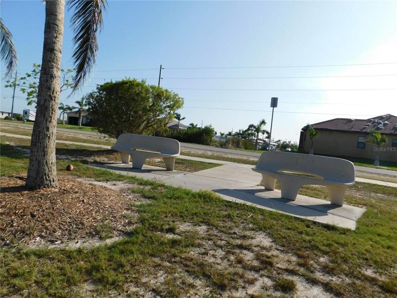 Rest area on the sidewalk path through the community.