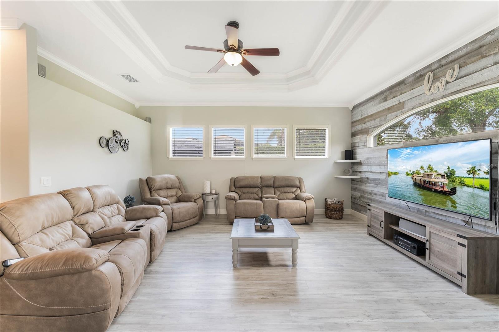 Family room with custom shiplap