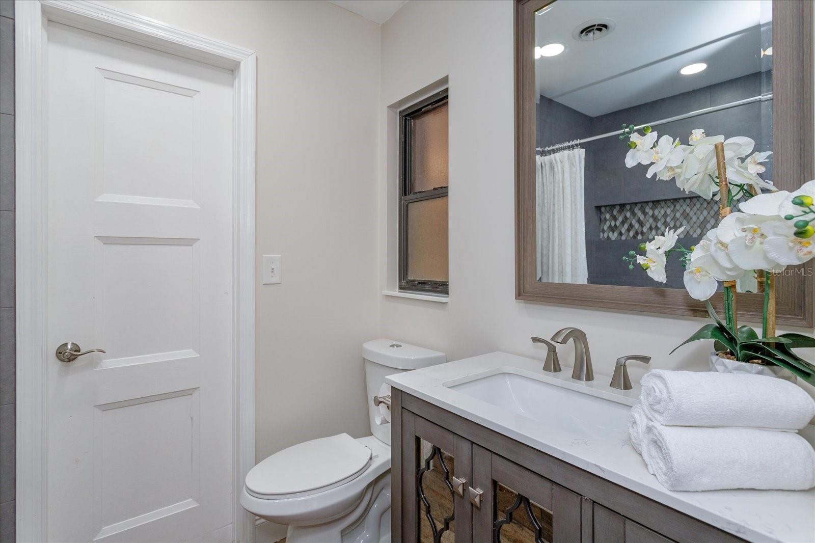 Master bathroom has a new shower, toilet, vanity, flooring and lighting.