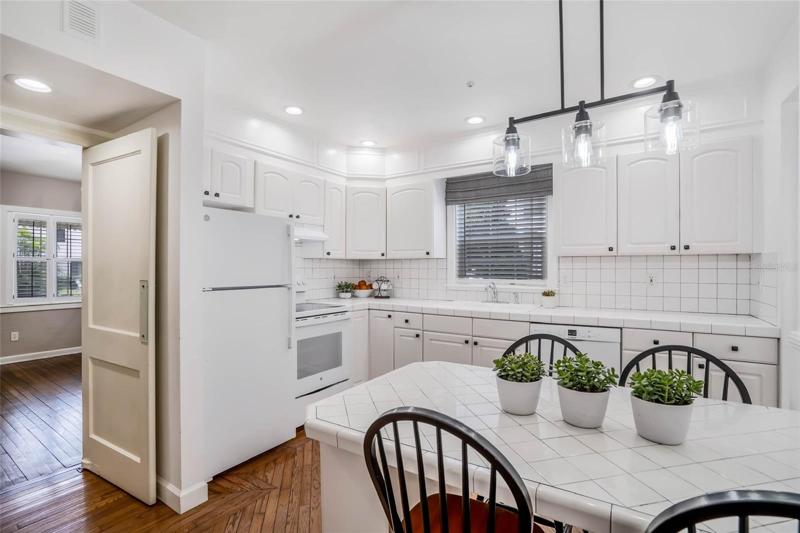 Kitchen with New Lighting and Cabinets