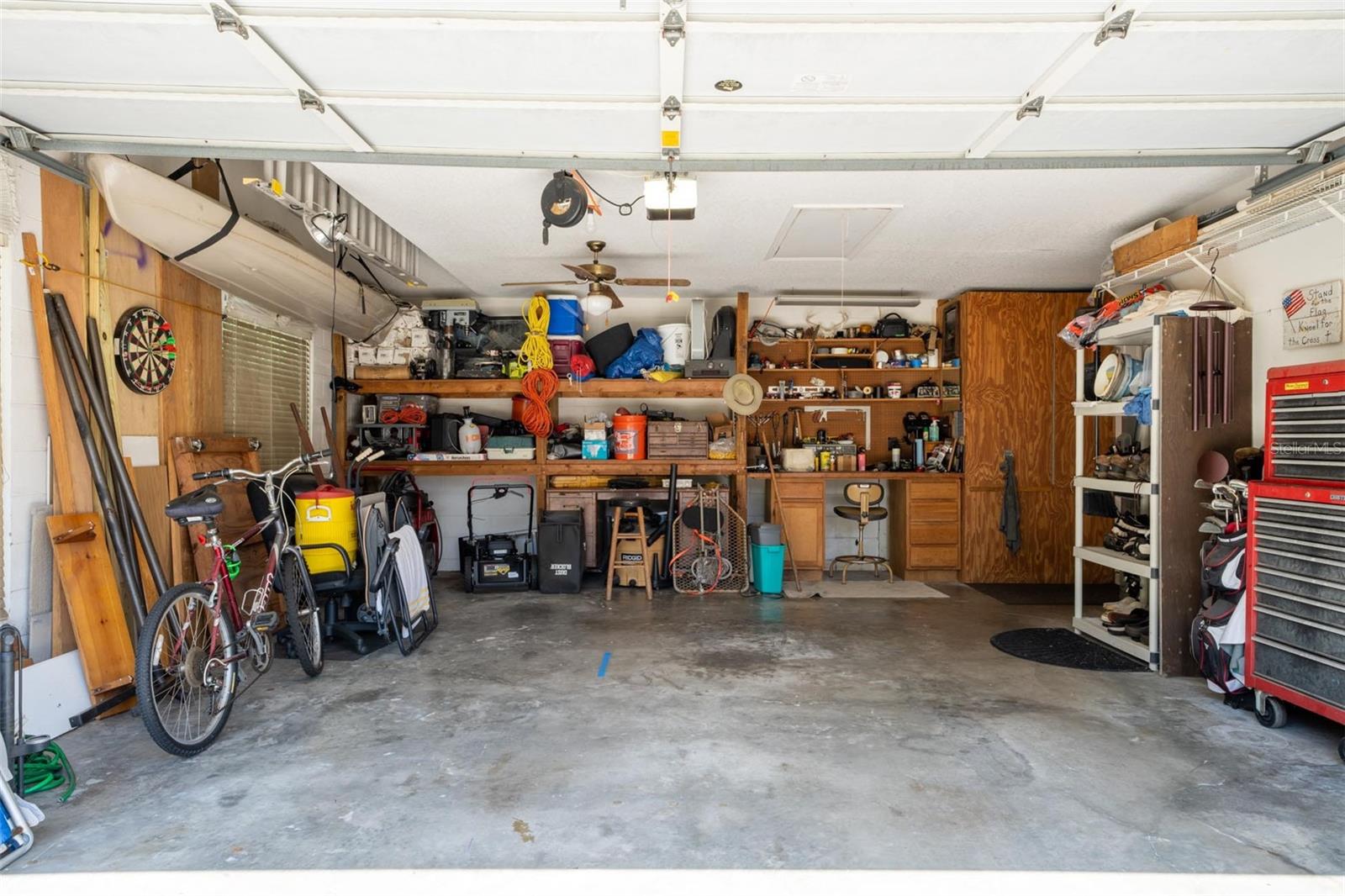 Garage with Built In Cabinets