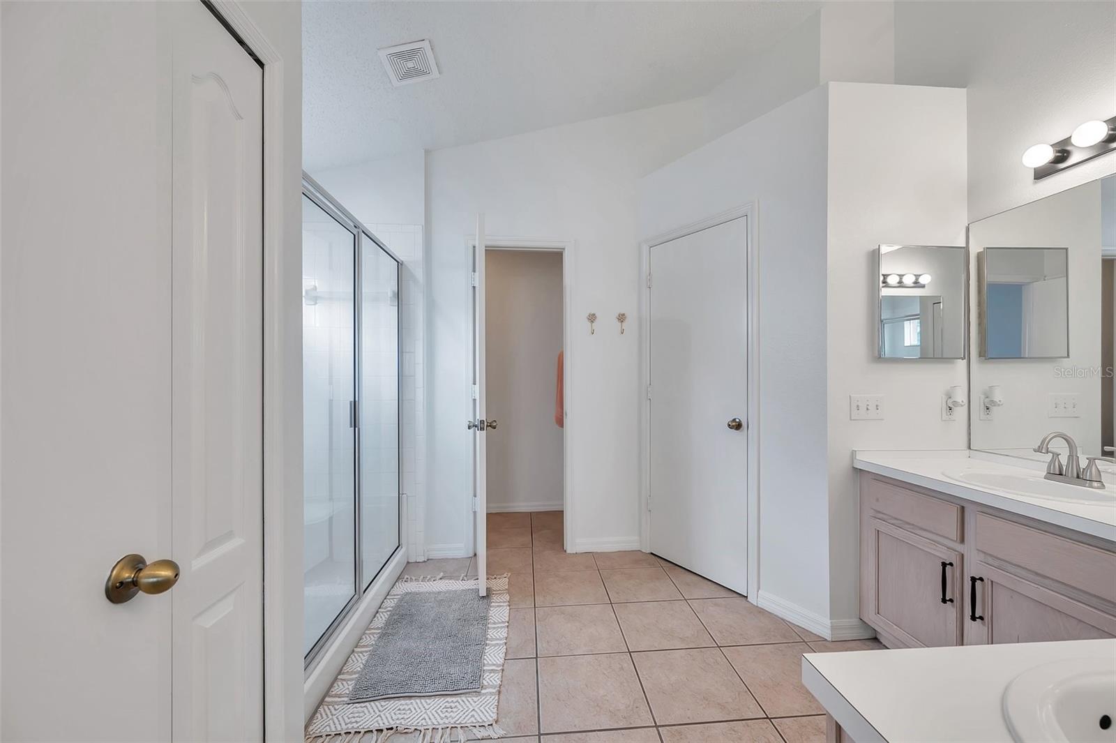 Walk-in shower, toilet room, walk-in closet, dual sinks