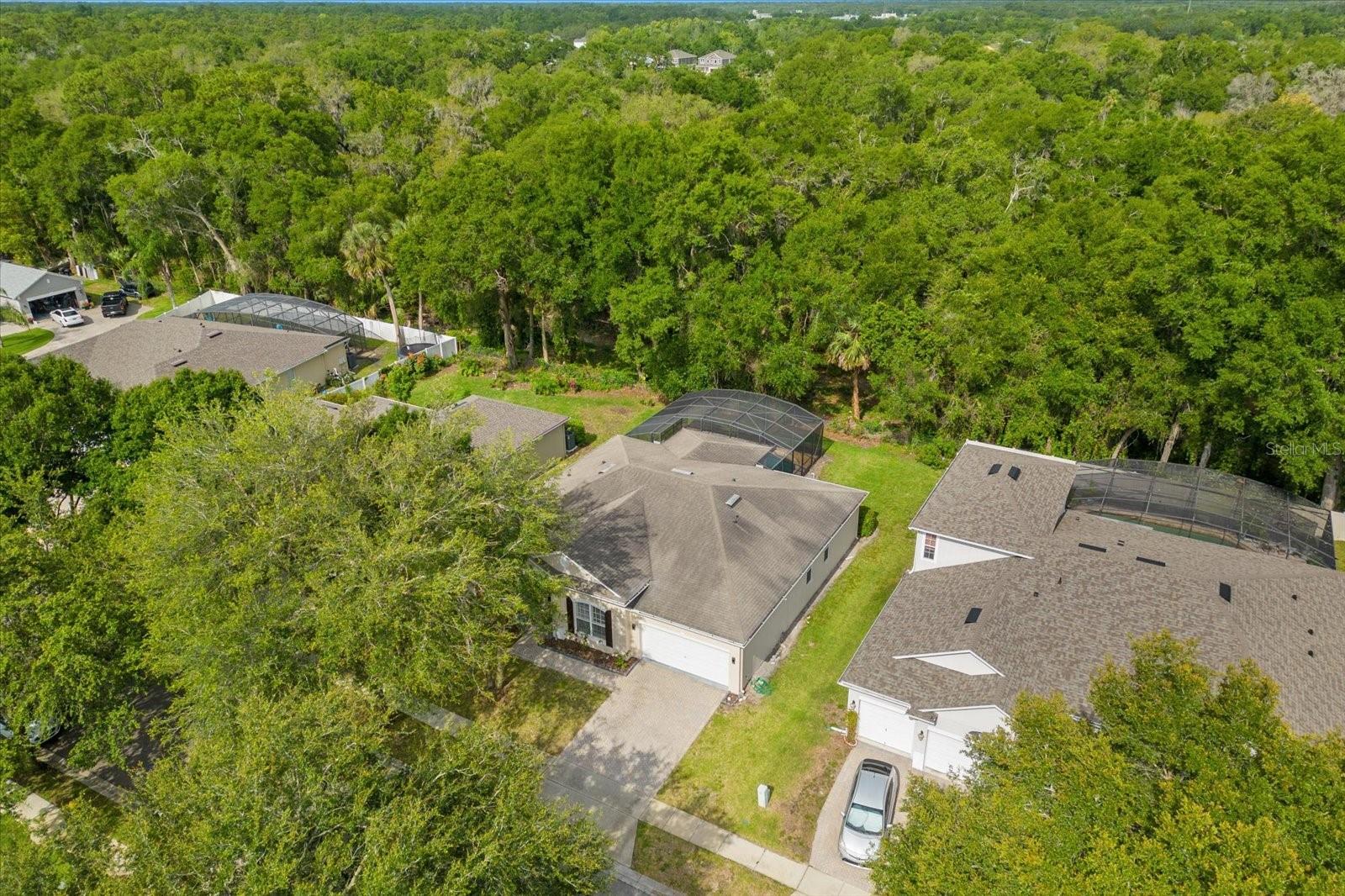 Aerial view of the property from street and the greenbelt area behind the home, providing  privacy for the pool and back yard area