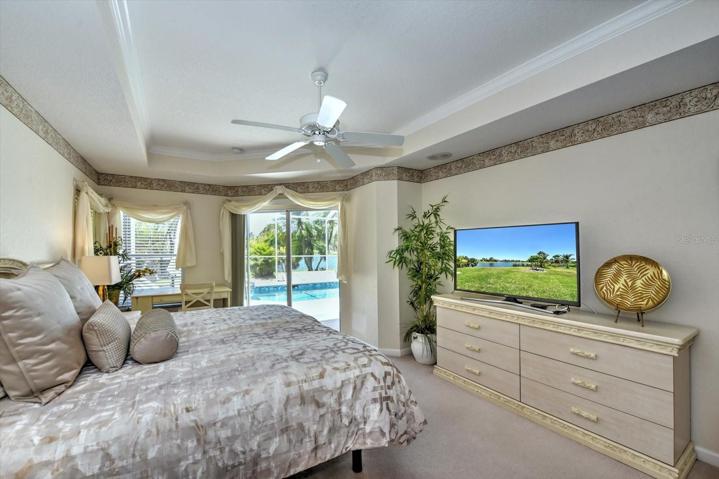 Master bedroom has sitting area overlooking pool