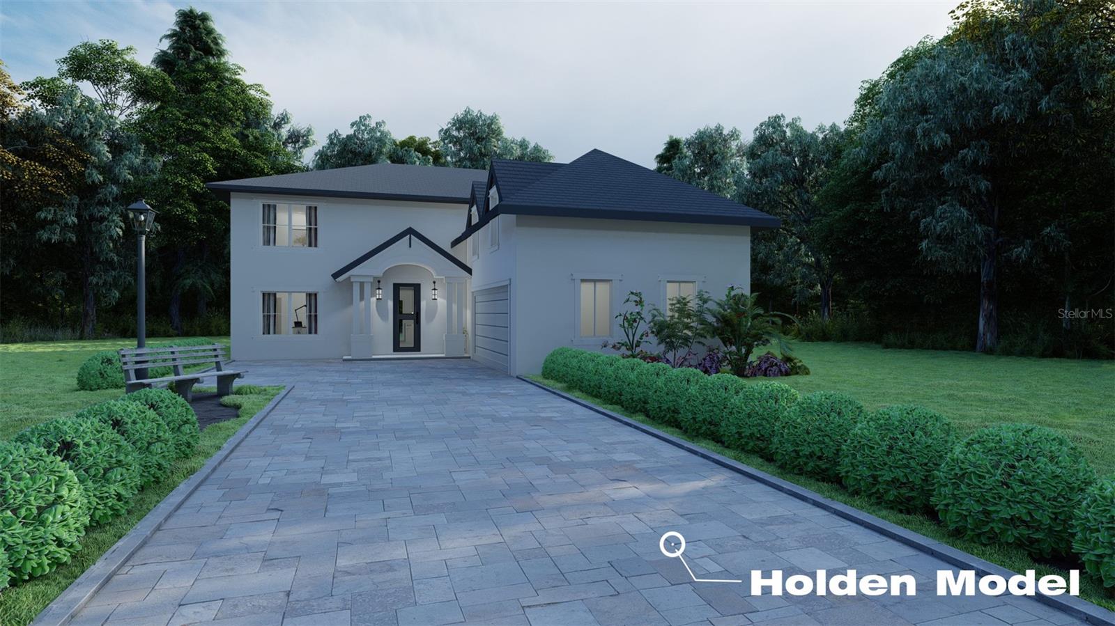 Holden Model. Front Entry will vary with each lot. This is an artist's rendering depicting the home elevation. Final Elevation may vary. Features shown such as paved driveway, Landscape, Bench and Light Post along with other Home Exterior Fixtures and trim are not included.