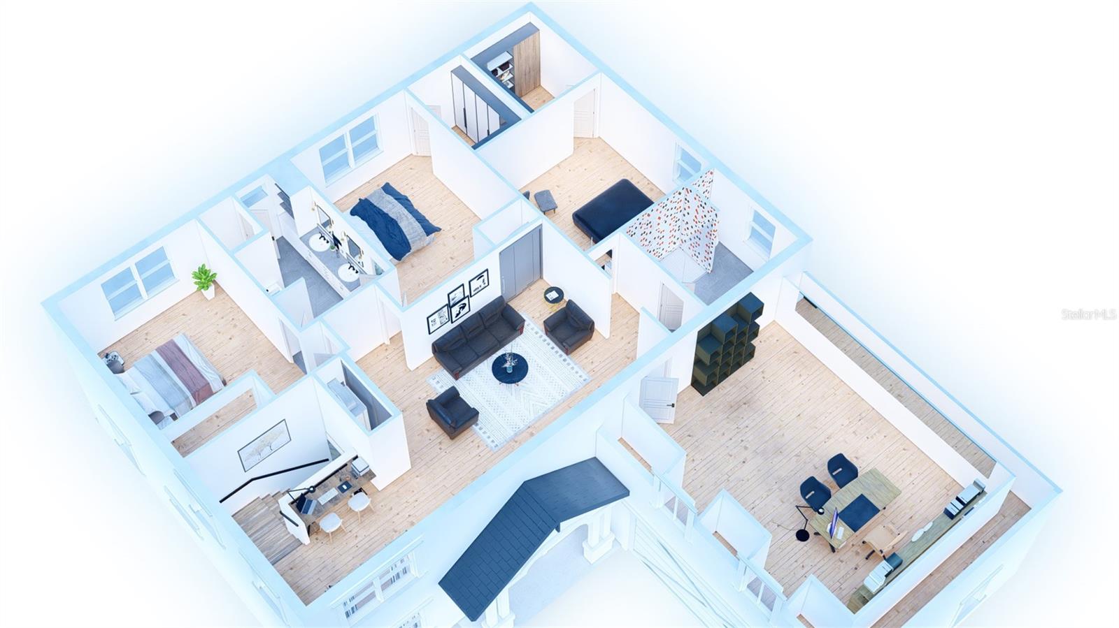 2nd Floor Plan shown with area above the garage finished as an office. THIS SPACE WILL NOT BE FINISHED. It is shown strictly as an example of a potential use. The SF in this area in NOT Included in the under AC or Total SF.