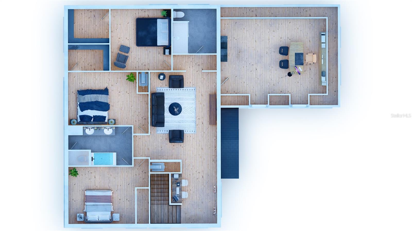 2nd Floor Plan shown with area above the garage finished as an office. THIS SPACE WILL NOT BE FINISHED. It is shown strictly as an example of a potential use. The SF in this area in NOT Included in the under AC or Total SF.