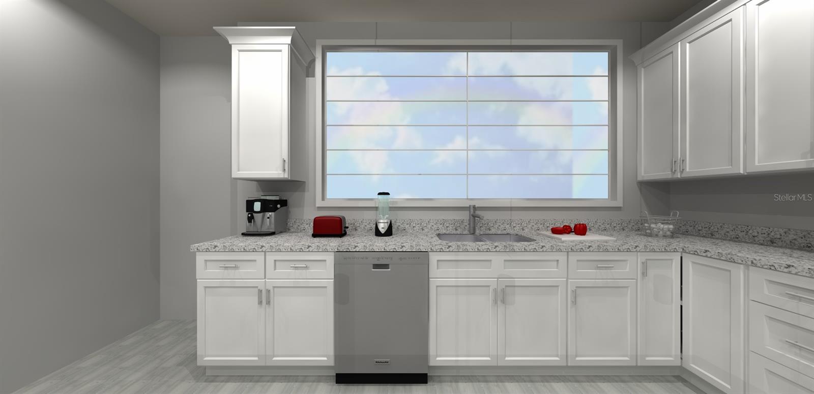 Large Picture Window in Kitchen Facing Looking out to the spacious back yard and Beautiful Mature Oak Trees. Small appliances and other counter top items shown are not included.