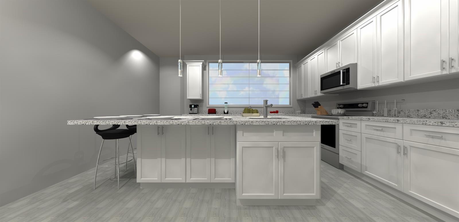 Large Island in Kitchen. Small appliances and other counter top items shown are not included.