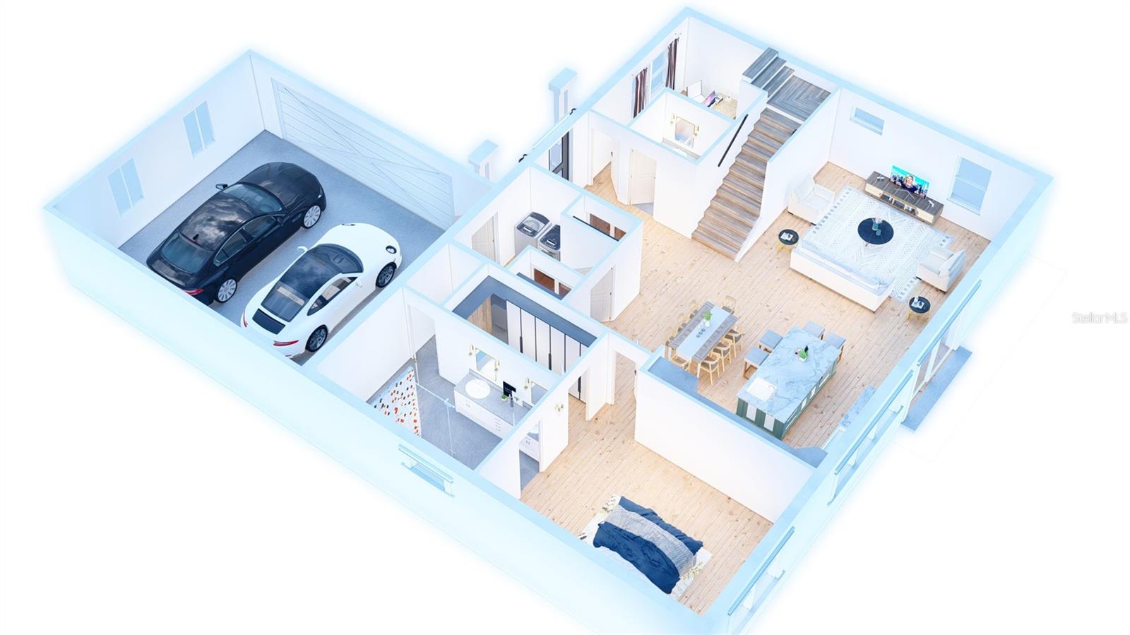 1st Floor Plan Side View. Large 2-Car Plus Garage allows for storage and work space. Furnitures, Cars and other accessories shown are not included.