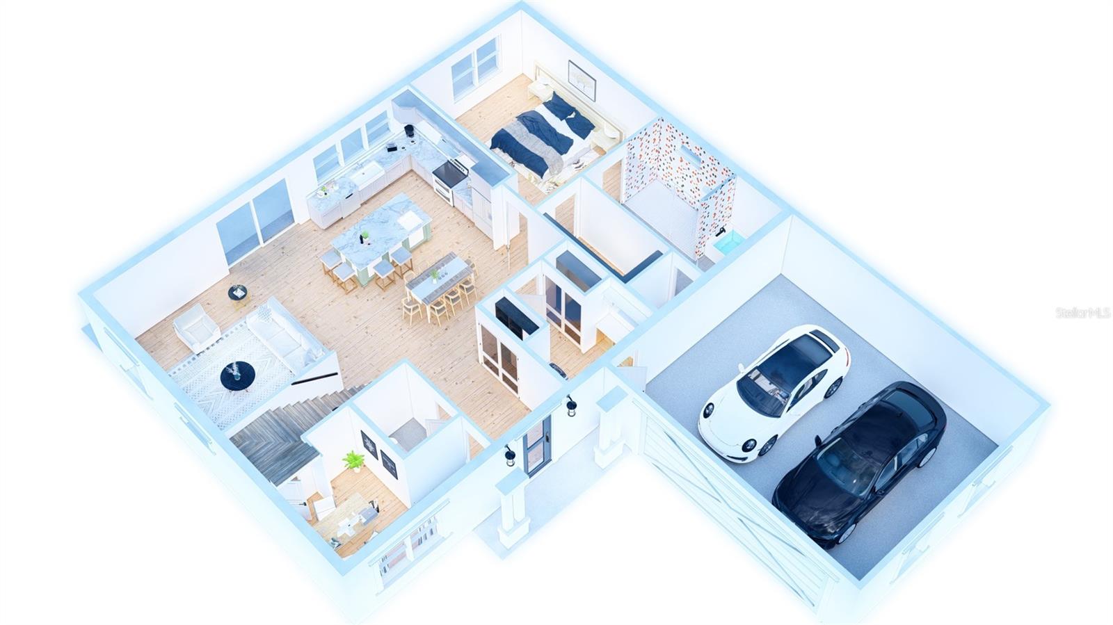 1st Floor Plan, Different View with Master Bedroom in Foreground.