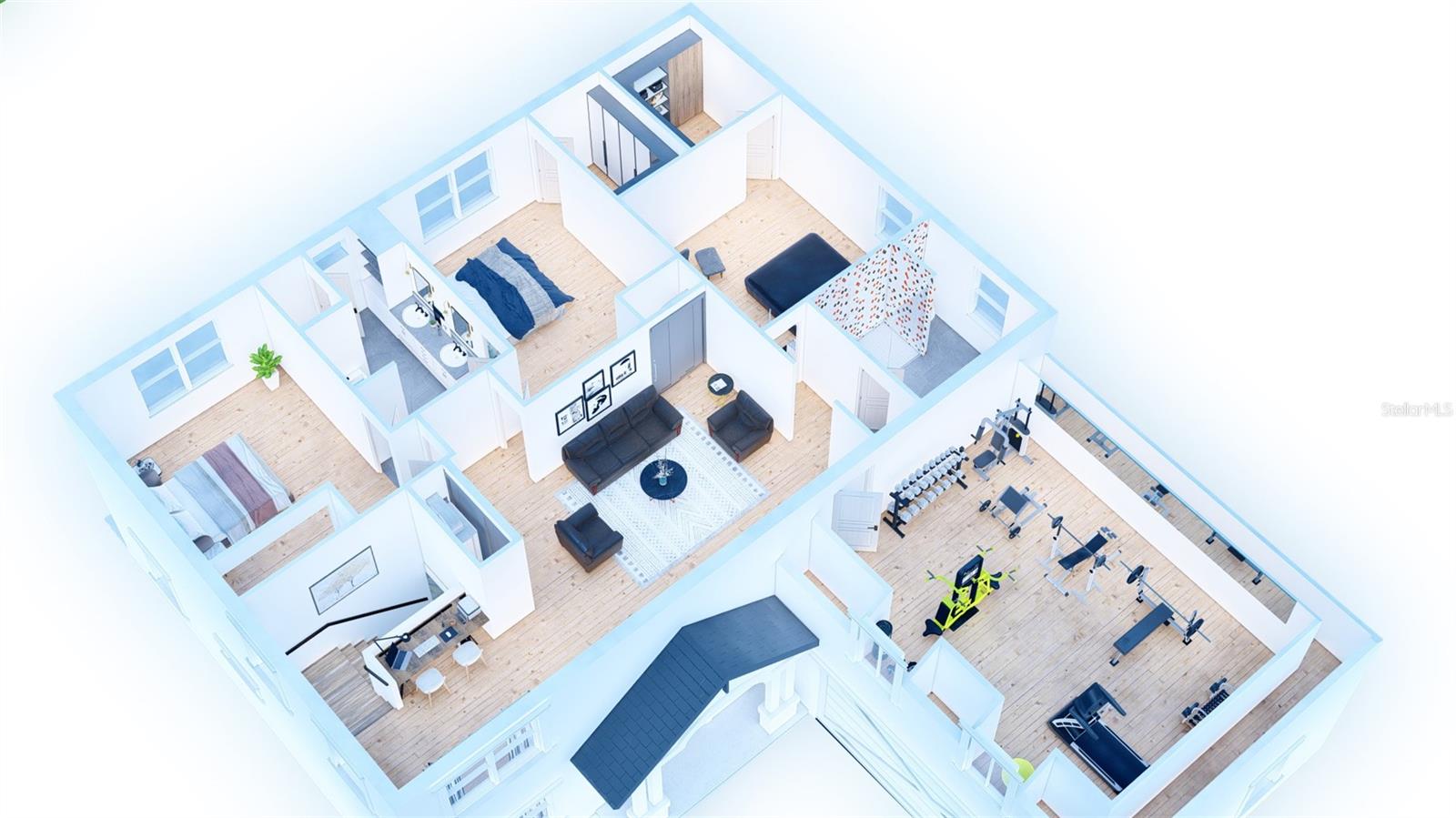 2nd Floor Plan shown with area above the garage finished as a Gym/Workout Space. THIS SPACE WILL NOT BE FINISHED. It is shown strictly as an example of a potential use. The SF in this area in NOT Included in the under AC or Total SF.