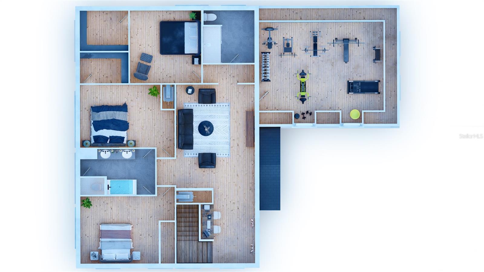 2nd Floor Plan shown with area above the garage finished as a Gym/Workout Space. THIS SPACE WILL NOT BE FINISHED. It is shown strictly as an example of a potential use. The SF in this area in NOT Included in the under AC or Total SF.