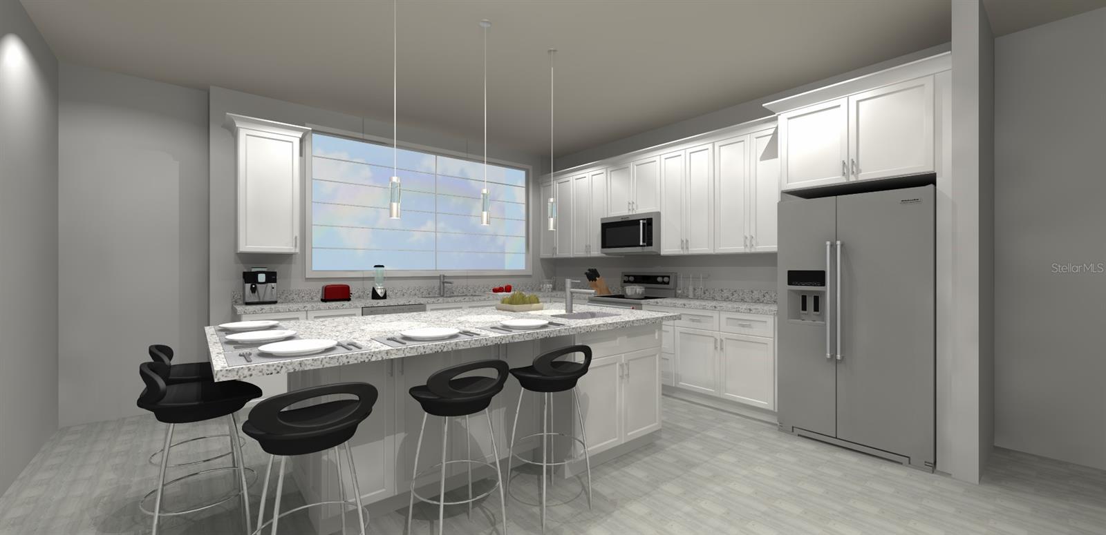 Spacious Gourmet Kitchen. Finishes and appliances shown may vary. All bar stools, small counter top appliances and other accessories shown are not included.