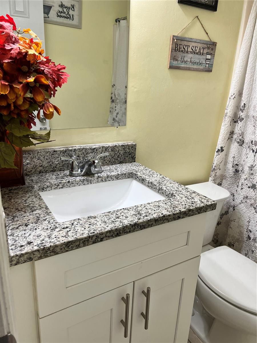Bathroom 2 with granite counter sink and tub with shower overhead.
