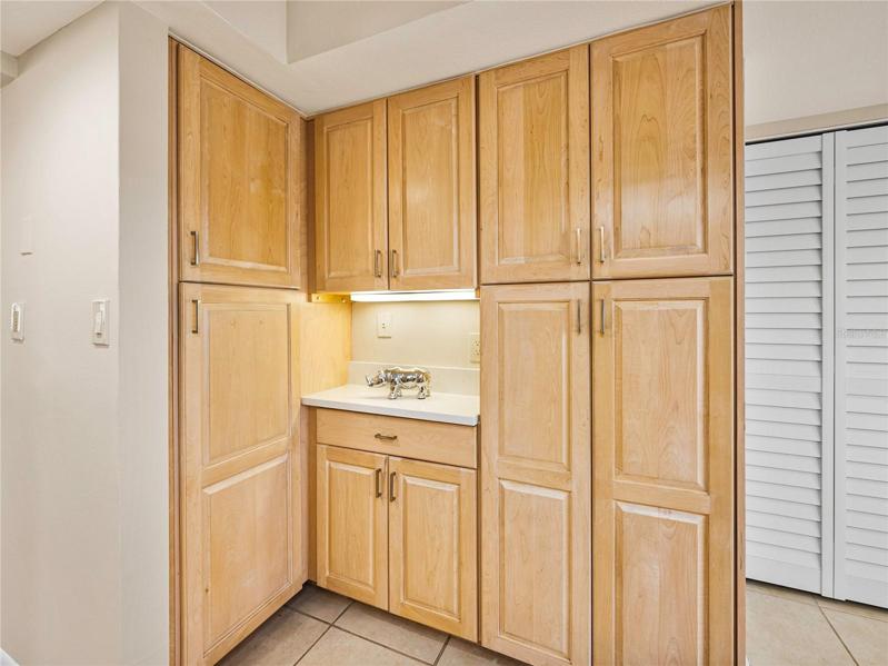 There is an abundance of cabinetry. The decorative insert with lighting is a nice spot for displaying art, or setting up a bar!