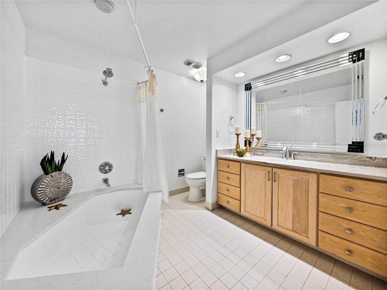The Primary Bathroom has a fabulous new quartz tub top!