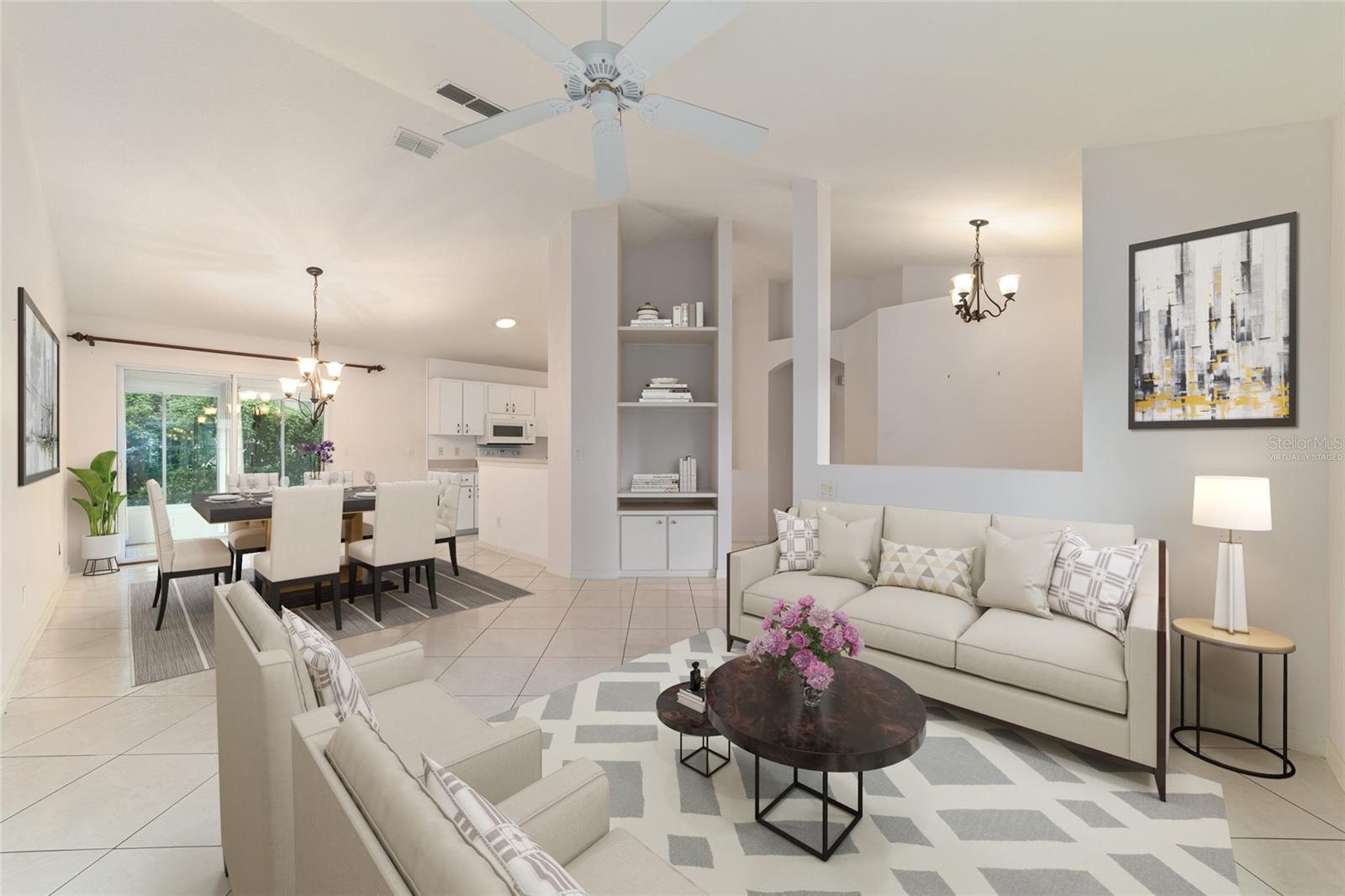 Virtually staged Living and Dining room