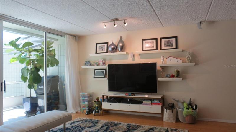 Living room with built in shelving