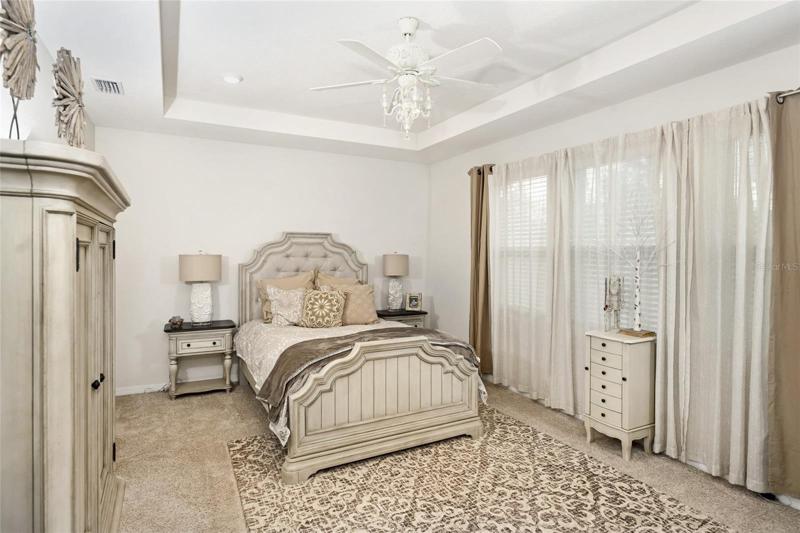 Master Bedroom with tray ceiling and decorative light fixture