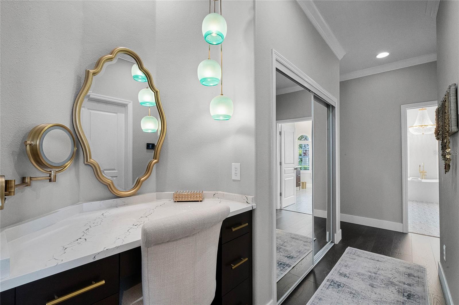 NEW CUSTOM MAKE-UP VANITY W/QUARTZITE COUNTERTOP, NEW FIXTURES