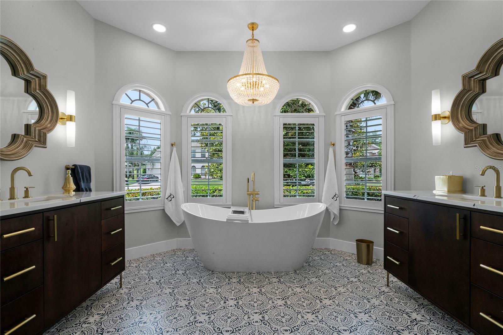 PRIMARY BATHROOM: "5 STAR SPA RETREAT" PORCELAIN TILE FLOORING, CUSTOM VANITIES, STAND ALONE BATHTUB, NEW FIXTURES