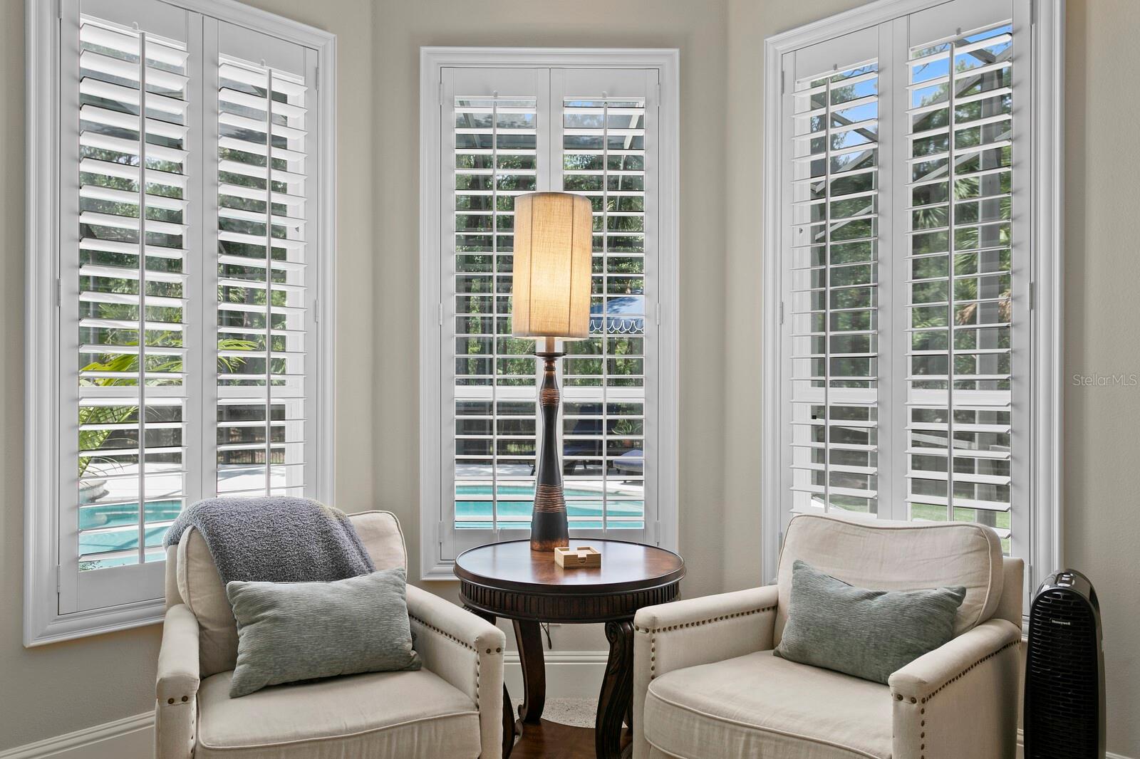 Plantation shutters and 12 foot ceilings.