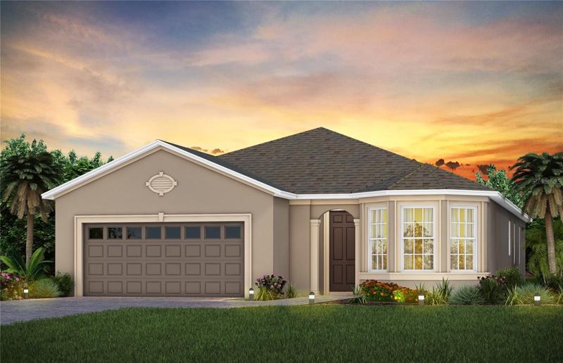 Mainstay Florida Mediterranean Exterior Design. Artistic rendering for this new construction home. Pictures are for illustrative purposes only. Elevations, colors and options may vary.