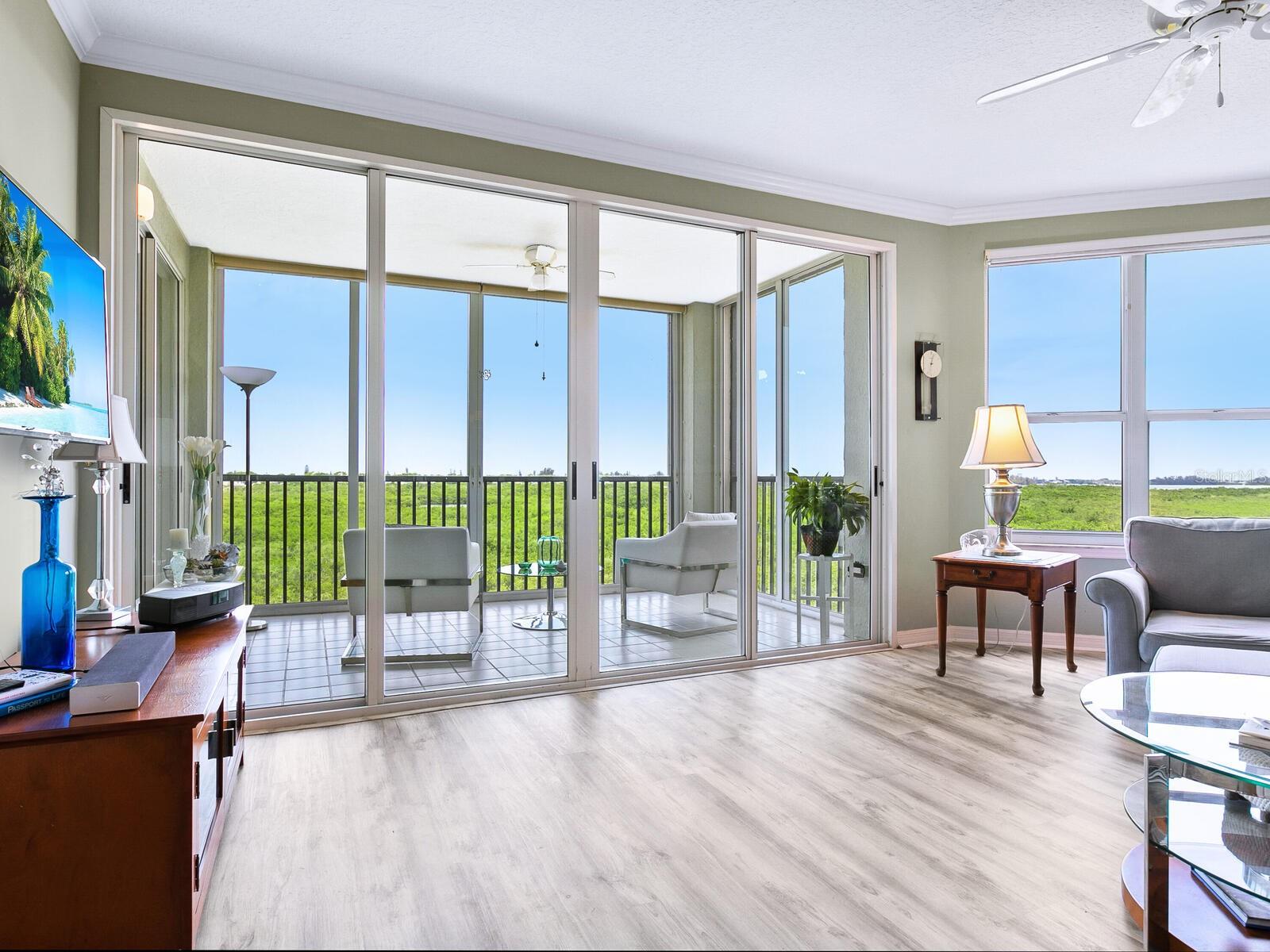 Living room with a Bay view