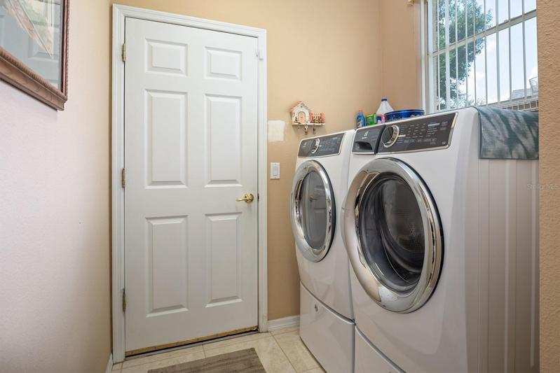 Laundry Room with newer Electrolux Washer and Dryer on Pedestals