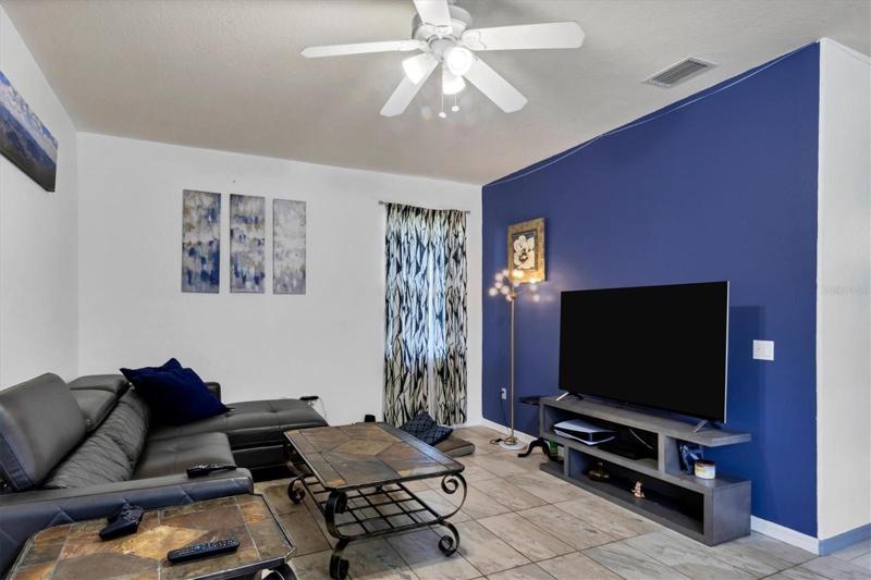 Family room flows to the kitchen eating area