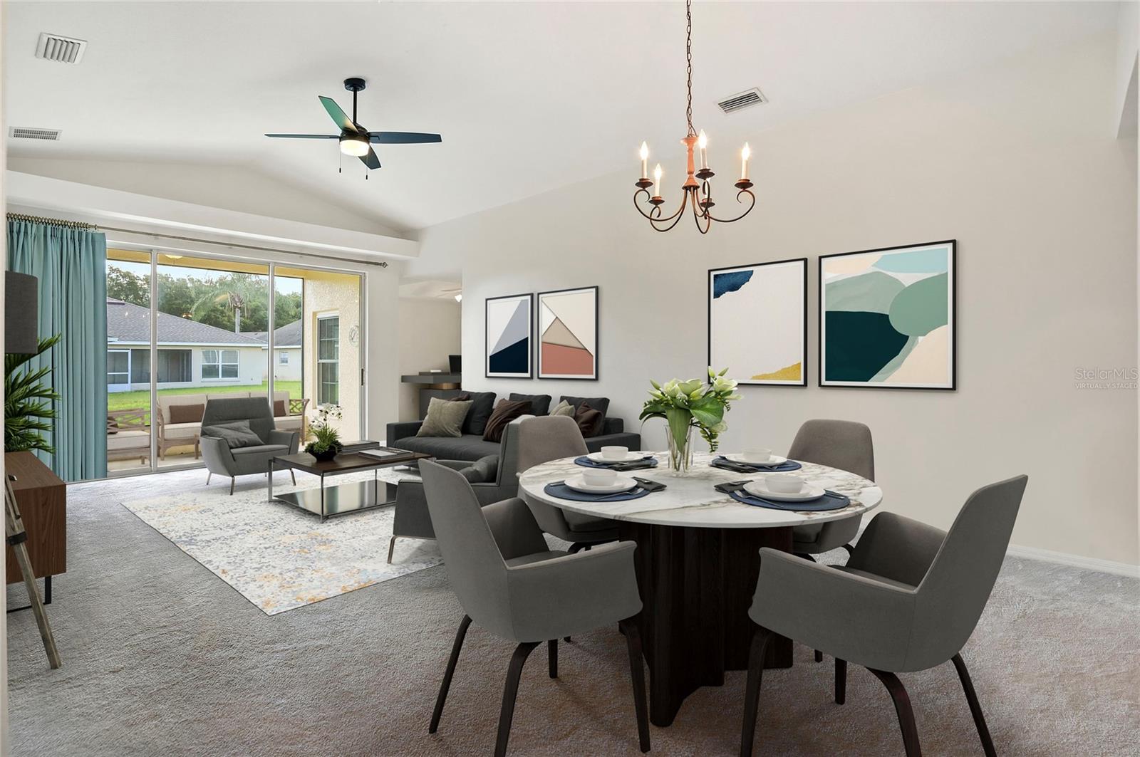 Virtually staged great room, lanai &amp; den