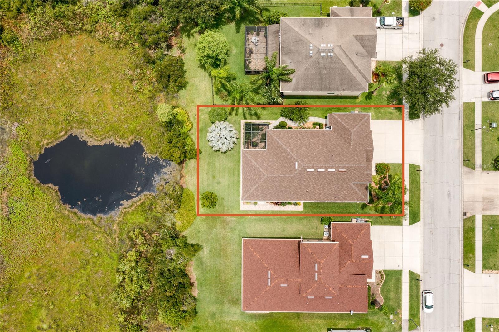 Aerial view of the home and grounds