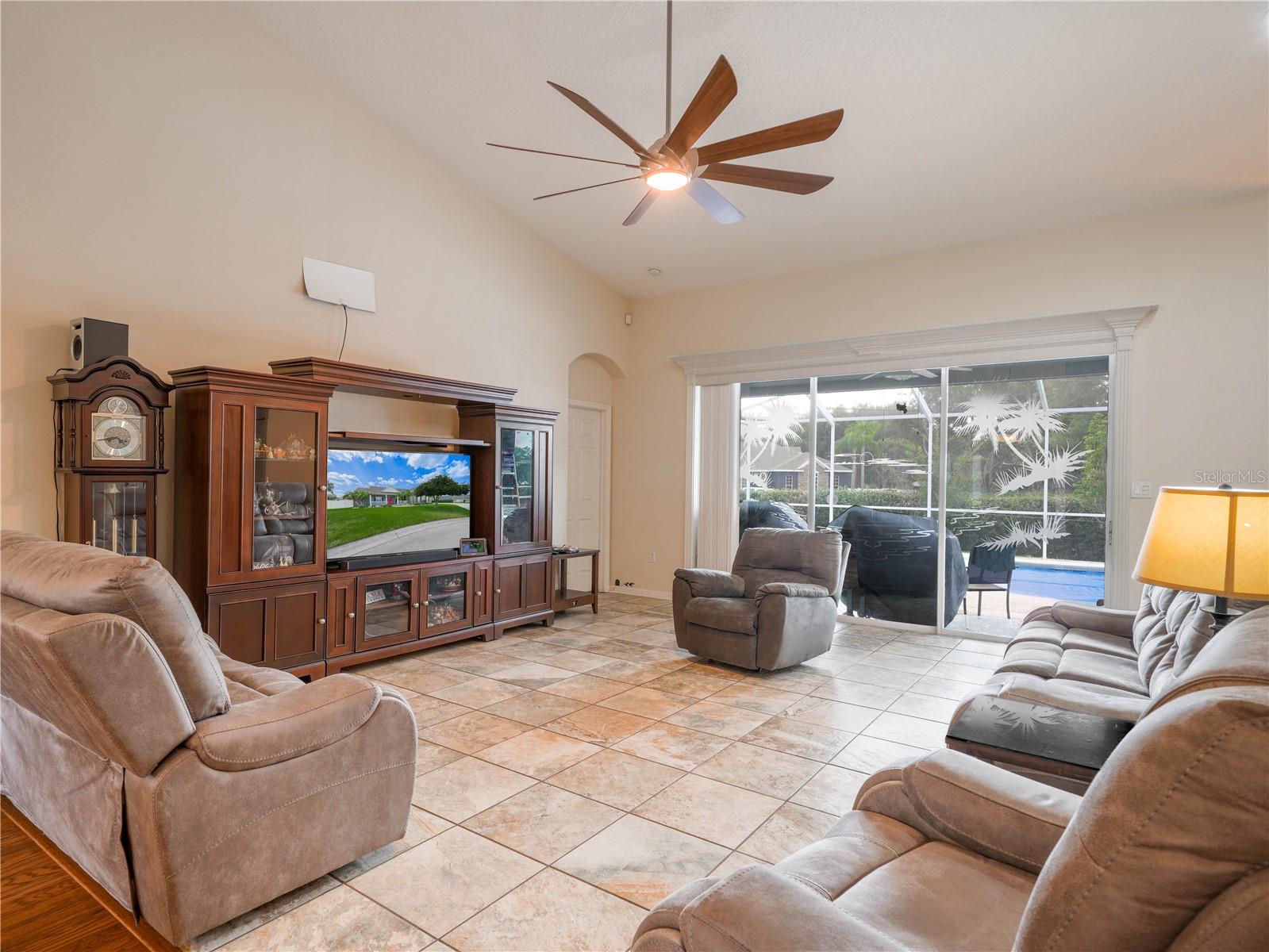 Great Room with sliding glass doors to pool area