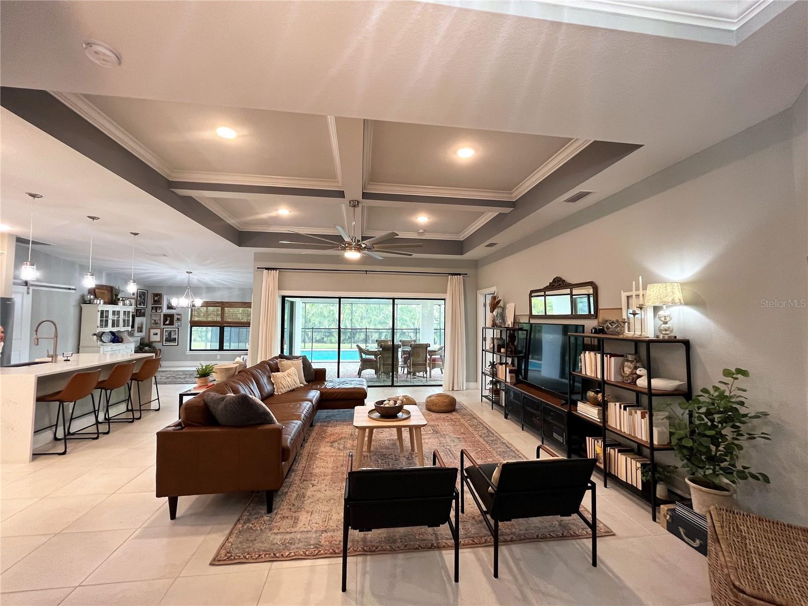 Great room with lovely coffered ceiling