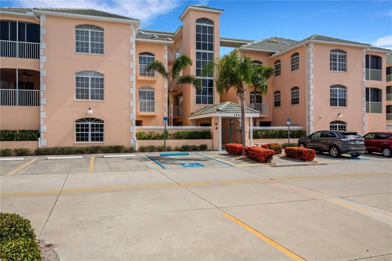 Another view of the building entrance showing the elevator