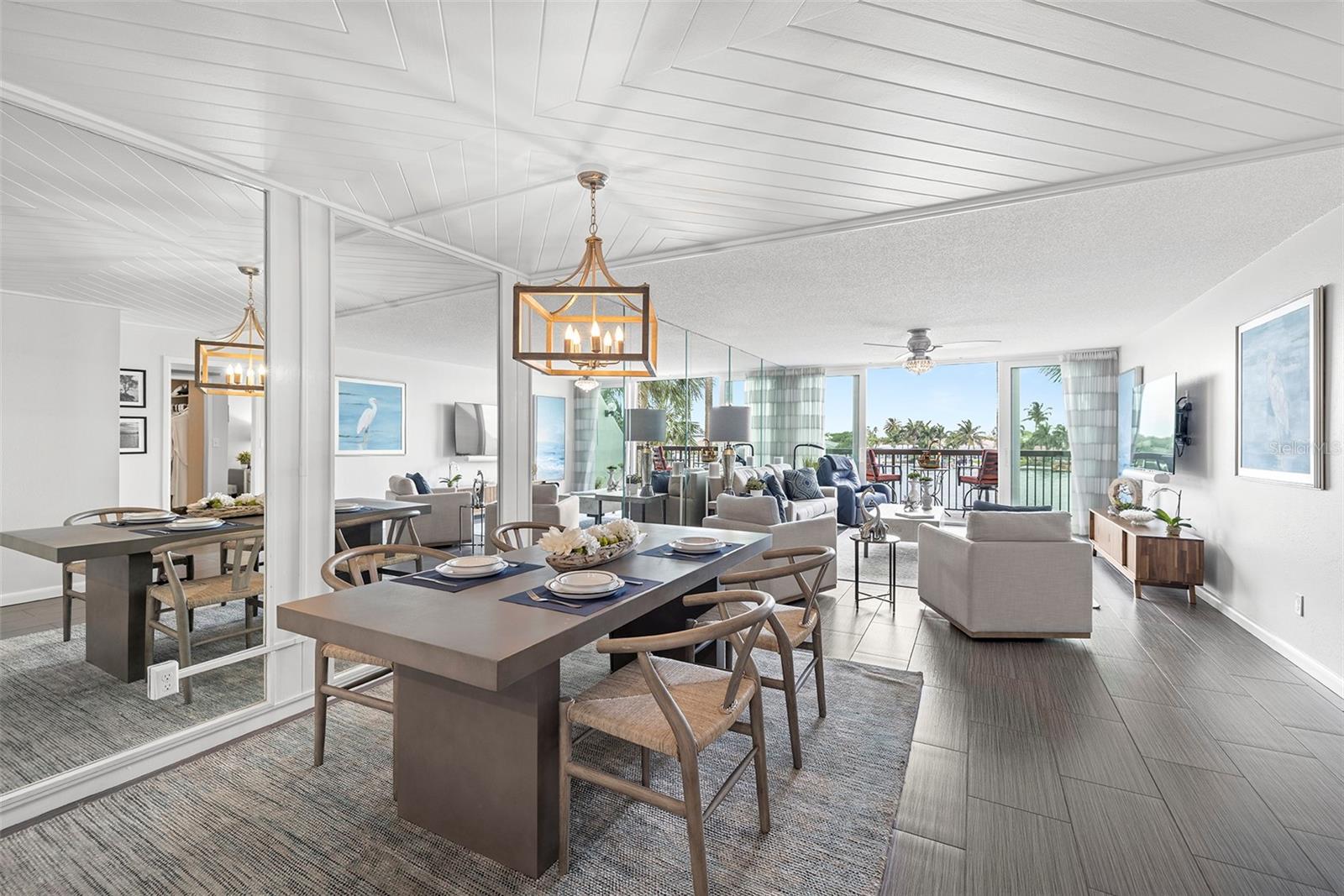 Great open dining room/living room with water views