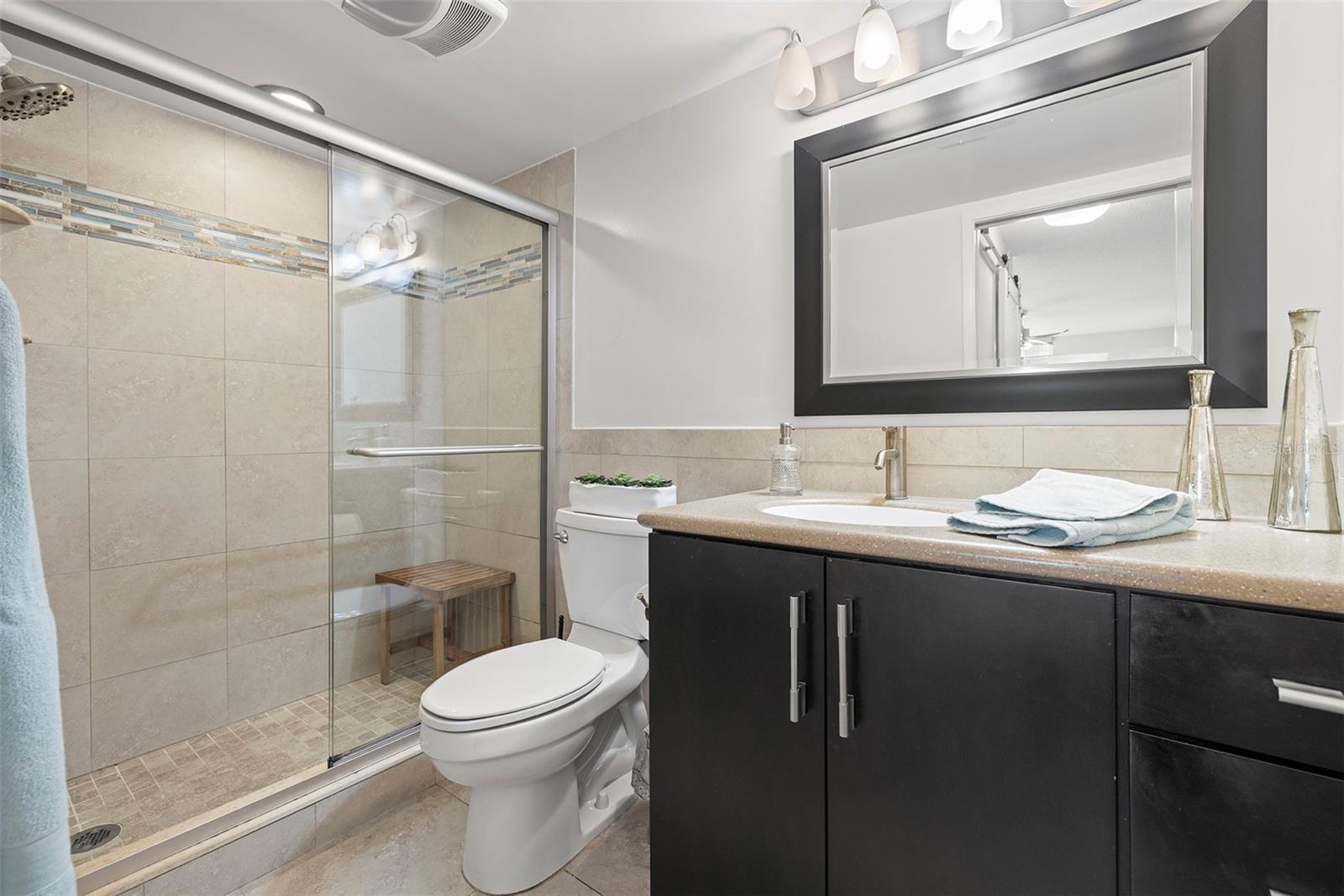 The primary bathroom has a nice big vanity
