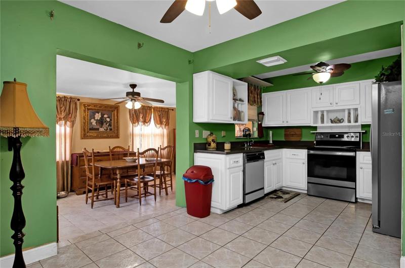 Kitchen and family room view from dining room